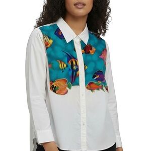 QUACKER FACTORY Size M Blouse Button Up Long‎ Sleeves Tropical Fish Print
